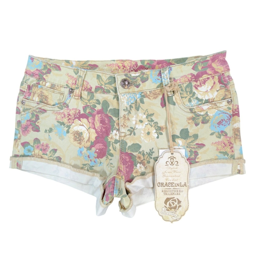Grace in LA Y2K Floral Denim Shorts Womens 9/28 Yellow Rose NWT